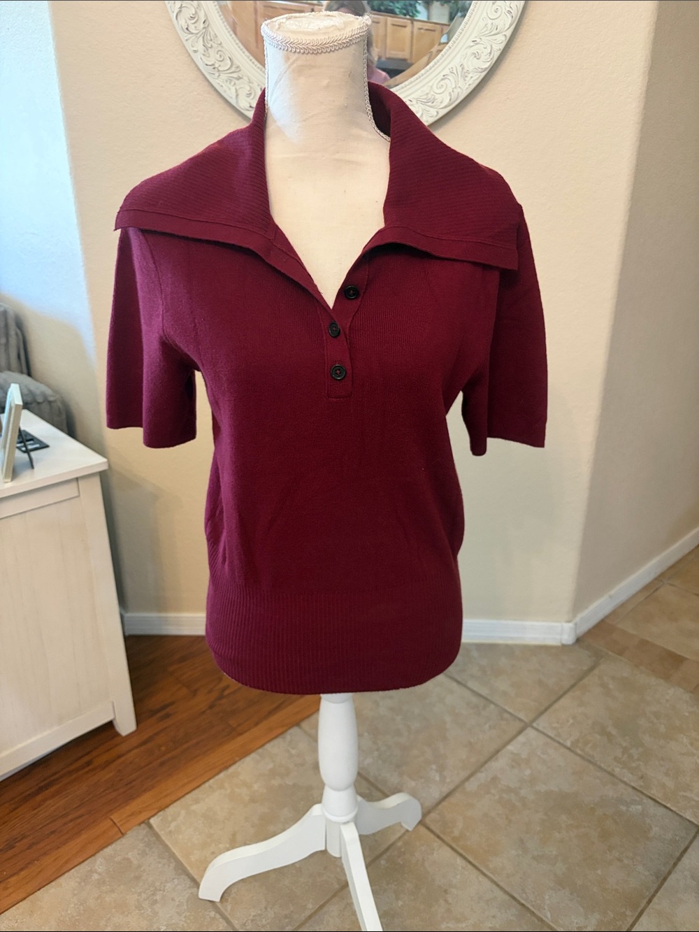 Women’s Burgundy V-Neck Short Sleeve Sweater